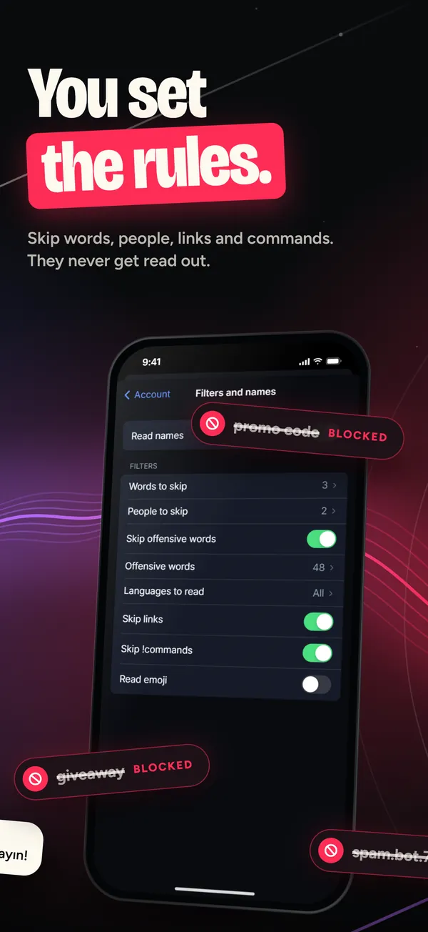 Pengaturan filter untuk kata, penonton, tautan, dan perintah